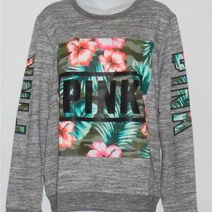 Victoria's Secret Pink Marled Tropical Palm Logo Crew Sweat Shirt Gray Medium